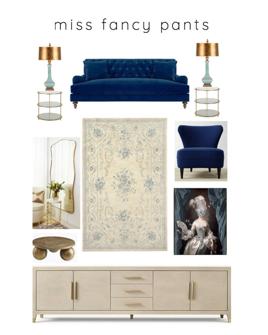 MISS FANCY PANTS - beautiful and glamorous blue and gold living room Rumie room design