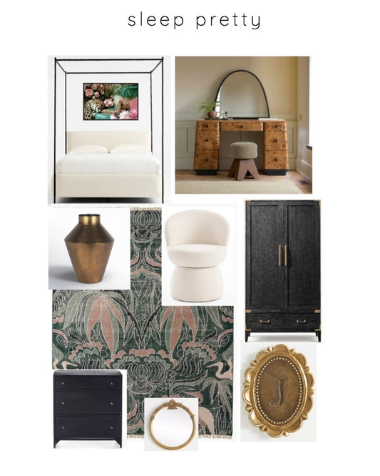 SLEEP PRETTY - Art Deco inspired bedroom RUMIE featuring Crate and Barrel canopy bed