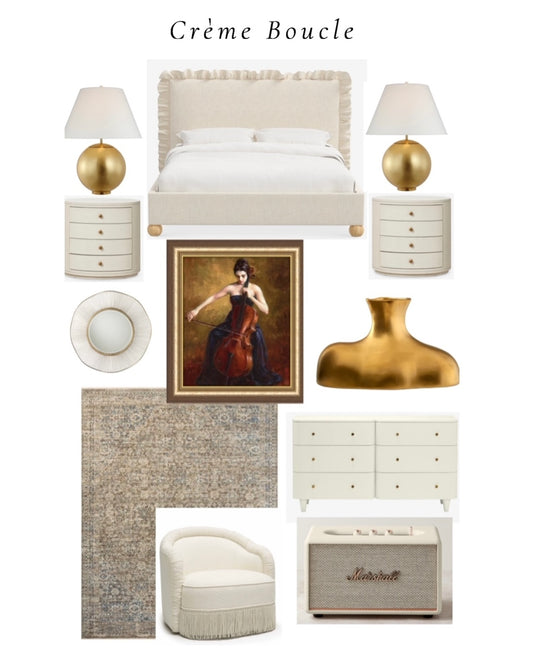 CREME BOUCLE - a luxurious relaxing cream and gold contemporary bedroom RUMIE featuring Lulu and Georgia